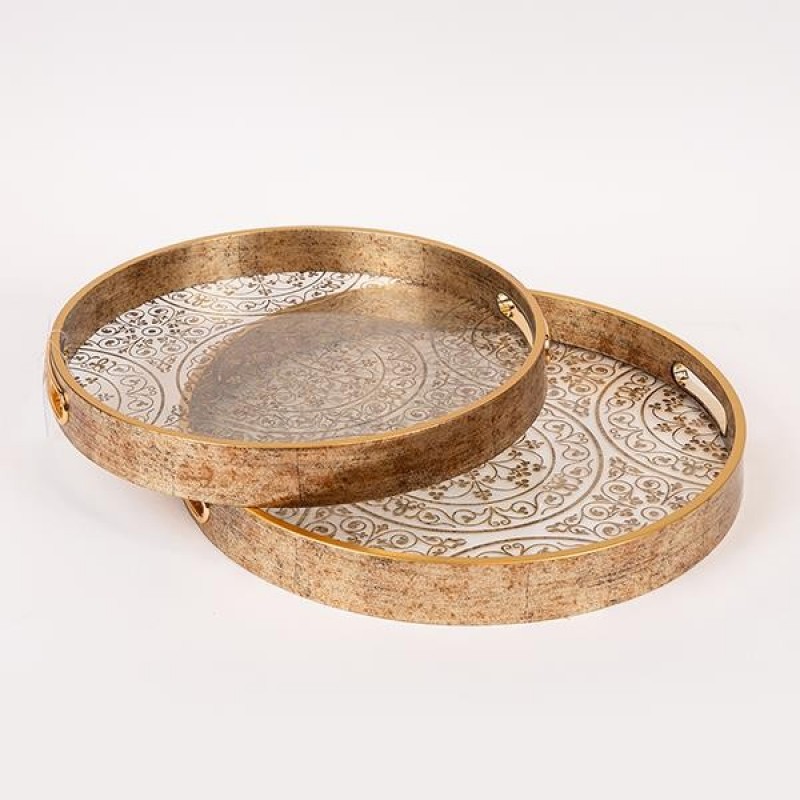 S/2 TRAY PS & GLASS GOLD 36x36x4cm / 32x32x4cm 819-01163
