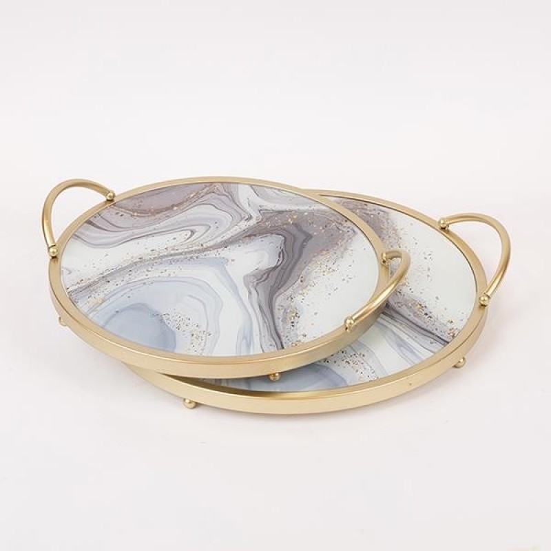 S/2 TRAY METAL  GLASS MARBLE EFFECT - GOLD 35x35x6cm / 30x30x6cm 819-01165