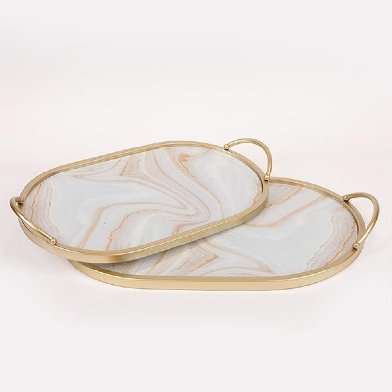 S/2 TRAY METAL & GLASS GOLD -WHITE 47.5x30x6cm / 40x25x6cm 819-01168