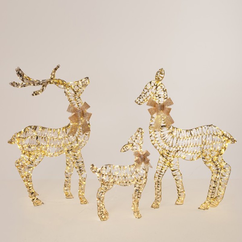 LIGHTED GOLD REINDEER 62/100/102cm, 3 DESIGNS, 200/480/480 MINI LED, 31V ADAPTOR, TIMER, SILVER COPPER WIRE, GOLD METAL FRAME, WARM WHITE LED, LEAD WIRE 5m, IP44 600-22574