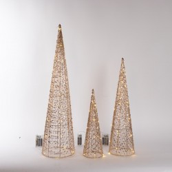 LIGHTED GOLD CONES 40/60/80cm, 3 DESIGNS, 20/30/40 MINI LED,BATTERY BOX 2xAA/3xAA, TIMER, SILVER COPPER WIRE, GOLD METAL FRAME, WARM WHITE LED, LEAD WIRE 30cm, IP44 600-22575