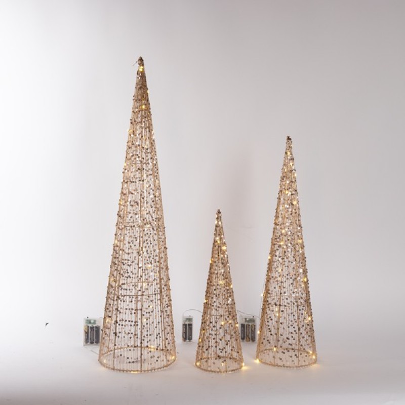 LIGHTED GOLD CONES 40/60/80cm, 3 DESIGNS, 20/30/40 MINI LED,BATTERY BOX 2xAA/3xAA, TIMER, SILVER COPPER WIRE, GOLD METAL FRAME, WARM WHITE LED, LEAD WIRE 30cm, IP44 600-22575