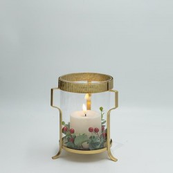 METAL LANTERN WITH GOLD DETAILS AND CANDLE, 15x18cm 600-47317