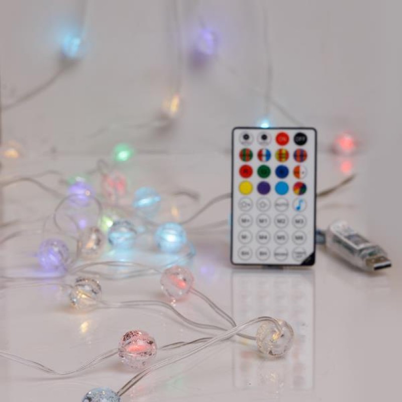 LINE, 100 MINI LED, CRACK BALLS 2cm, USB, APP CONTROLLED, REMOTE CONTROL, TRANSPARENT FLAT COPPER WIRE, RGB LED, PER 15cm, LEAD WIRE 3m, IP20 (roll pack) 600-01322