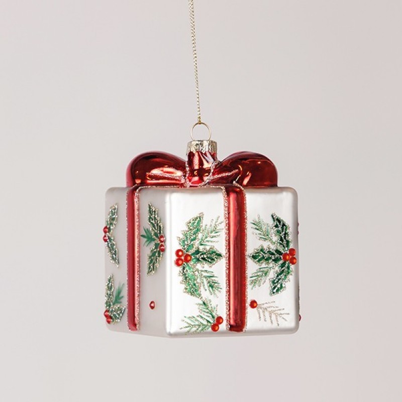 GLASS GIFT, WITH RED RIBBON AND MISTLETOE, 7.2x8.5cm 600-47901