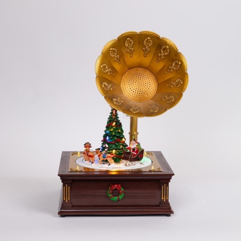 GRAMOPHONE WITH CHRISTMAS SCENE, WITH MUSIC, MOVEMENT, AND LIGHT, WITH TRANSFORMER, 24.5x22.5x35.5cm 600-48076