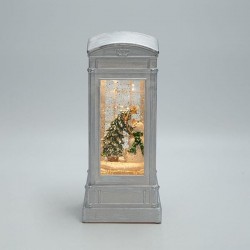 ILLUMINATED TELEPHONE BOOTH WITH SNOWMAN, WHITE, WITH WATER INSIDE, BATTERY-OPERATED, TIMER, 8.8x8.8x21cm 600-48143
